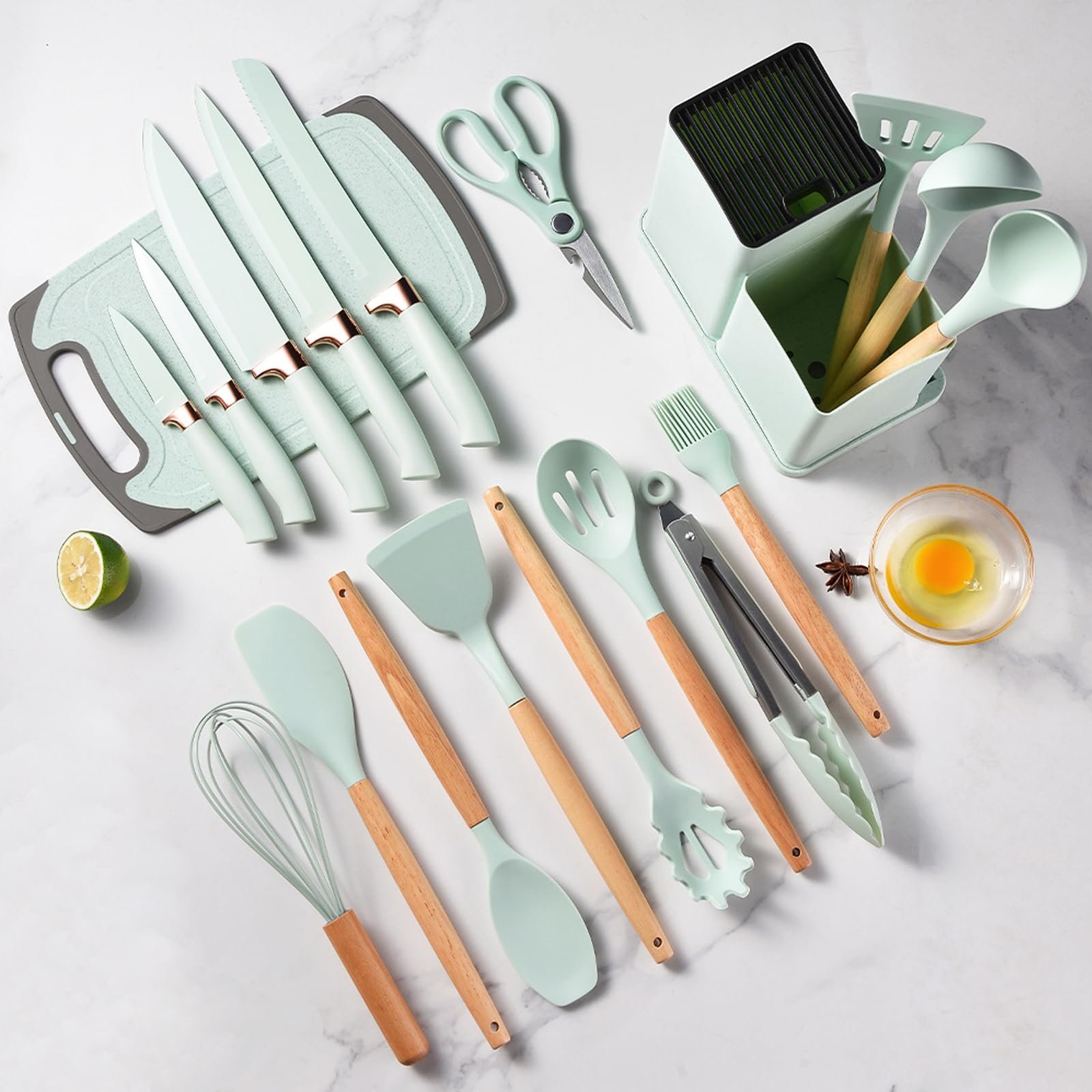 19-Piece Premium Silicone Kitchen Utensil Set with Wooden Handles, Cutting Board & Storage Bucket